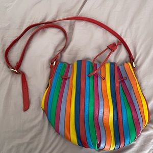 EUC vintage 80s 90s rainbow striped multicolor leather bag Brio shoulder strap